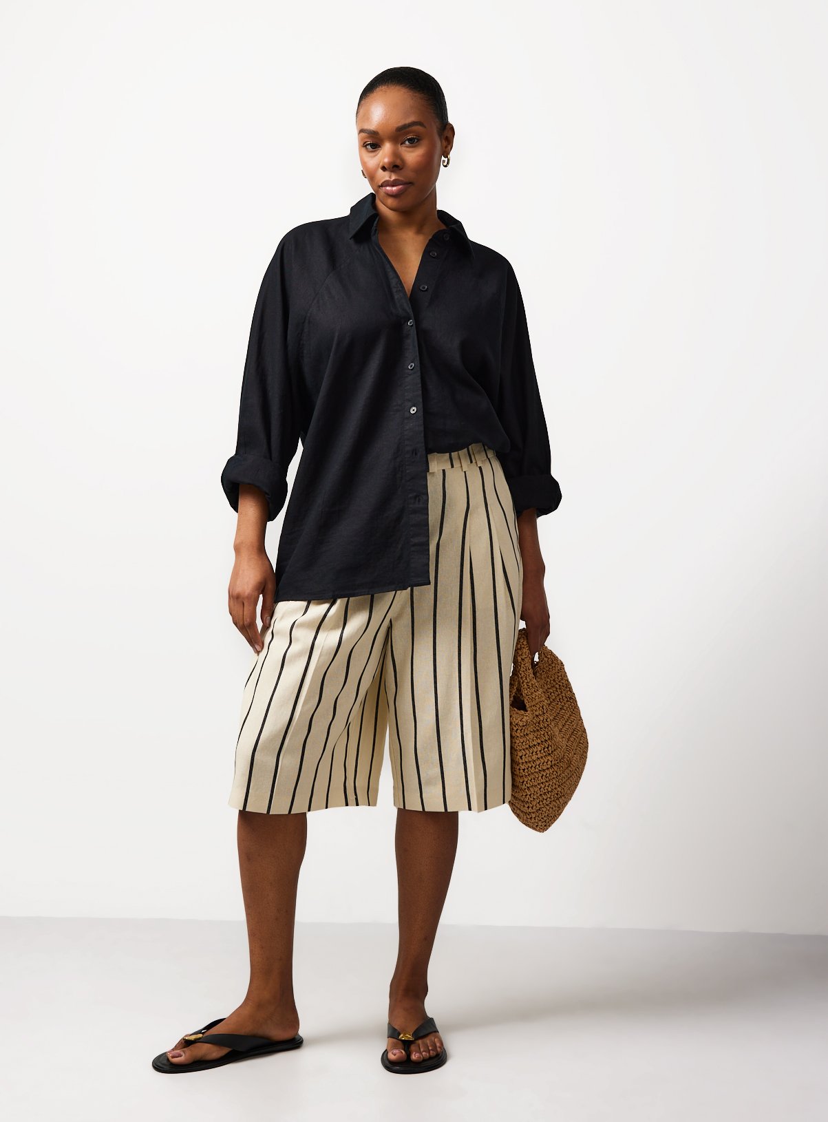 Cream Stripe Tailored Linen Blend Jorts 10 - Image 2 thumbnail